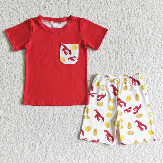 toddler boy red cotton short sleeve top and crayfish and lemon pattern shorts summer outfit