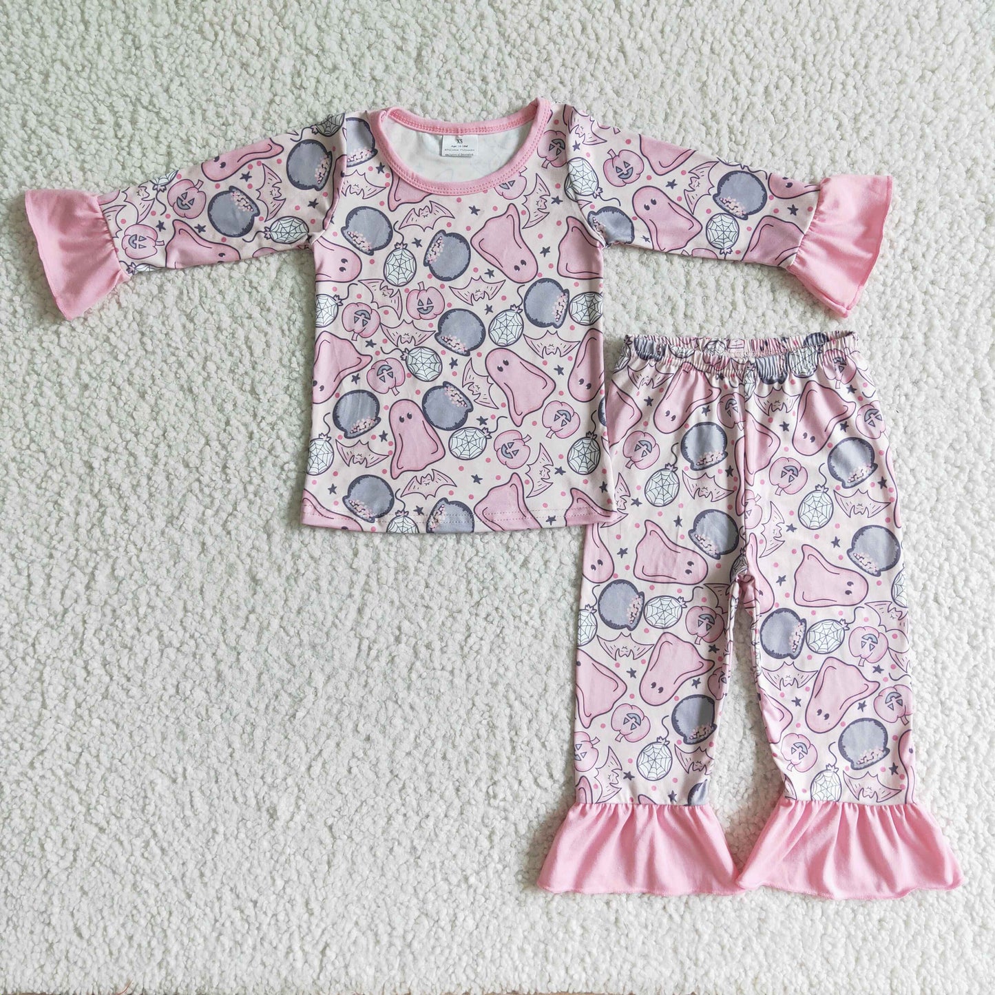 girl ghost pattern pink long sleeve pajamas set for halloween