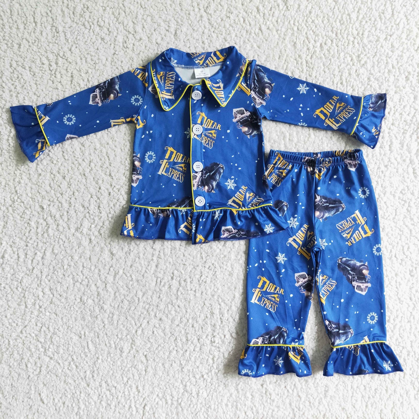 girl blue long sleeve outfit children winter turn-down collar pajamas set