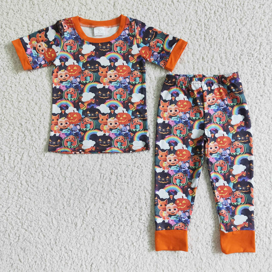 boy halloween rainbow short sleeve and long pants outfit with pumpkin
