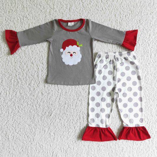 girl winter long sleeve cotton shirt with santa embroidery match gray dot pants pajamas set