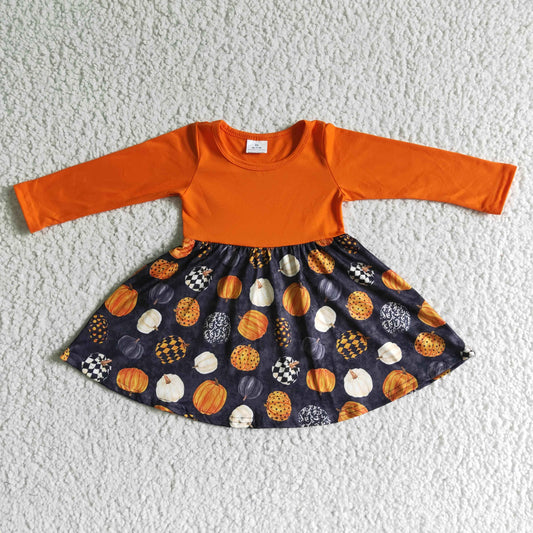 girl orange long sleeve pumpkin stitching frock halloween o-neck twirl dress