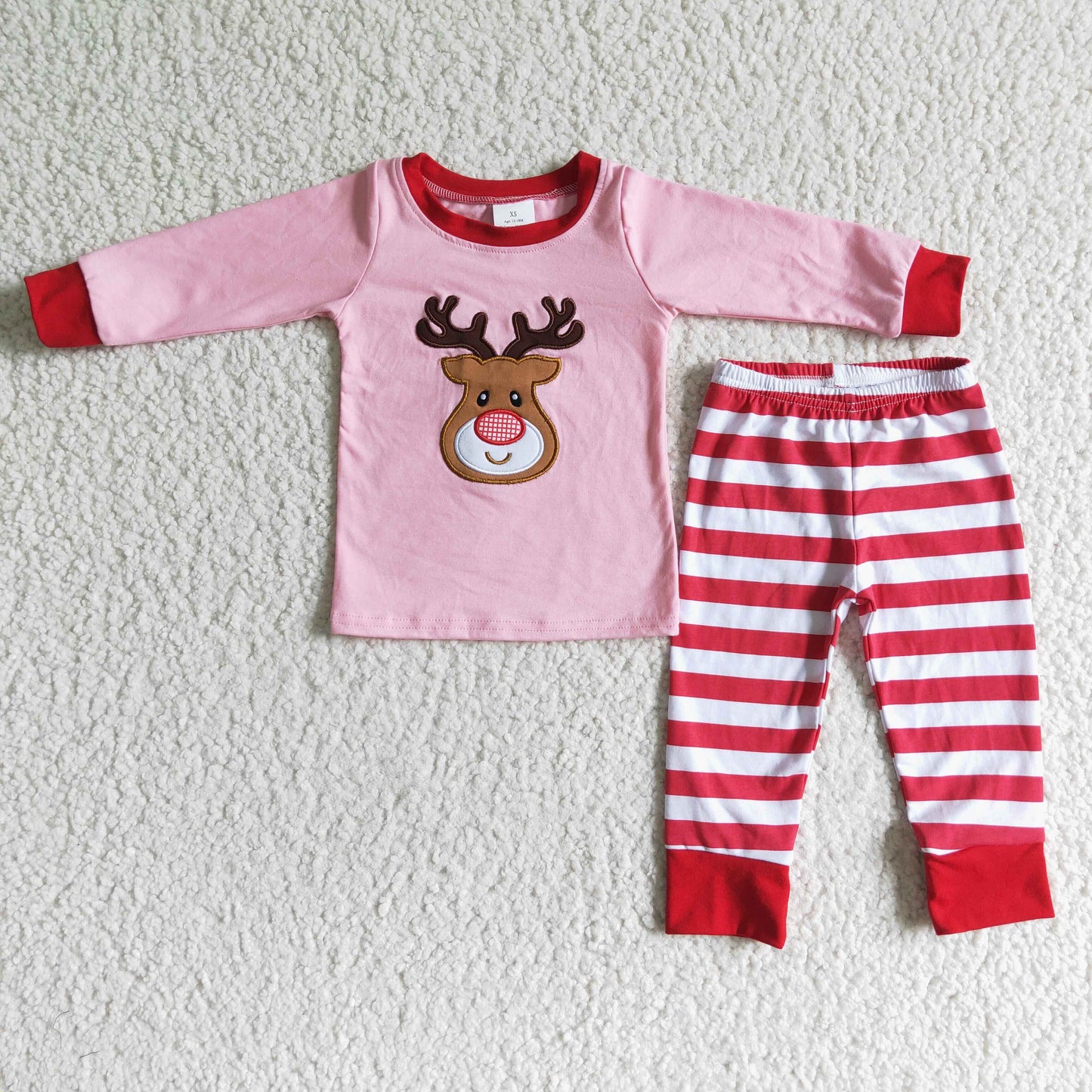 girl christmas pink cotton top and stripes pants outfit kids cute deer embroidery pajamas set