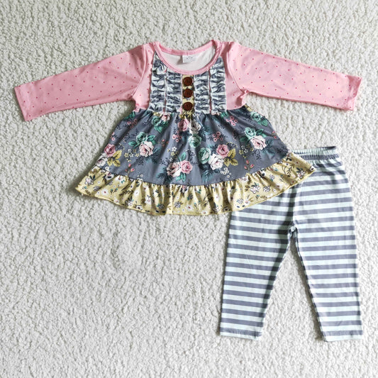 girl pink long sleeve flowers pattern tunic stripes pants outfit with buttons