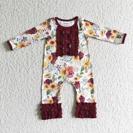 infants long sleeve icing ruffle romper baby girls flowers pattern jumpsuit