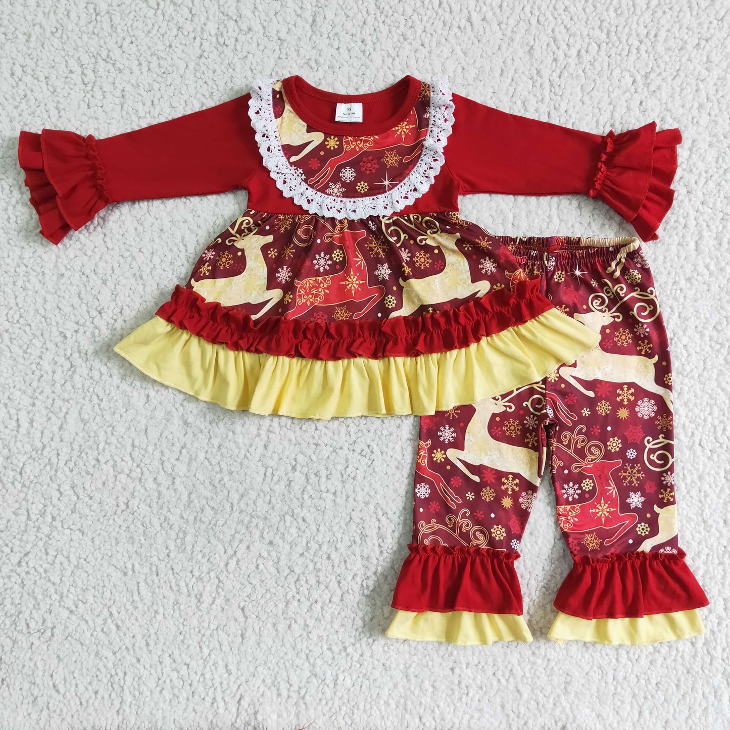 girl christmas red long sleeve outfit children derr pattern clothes with lace