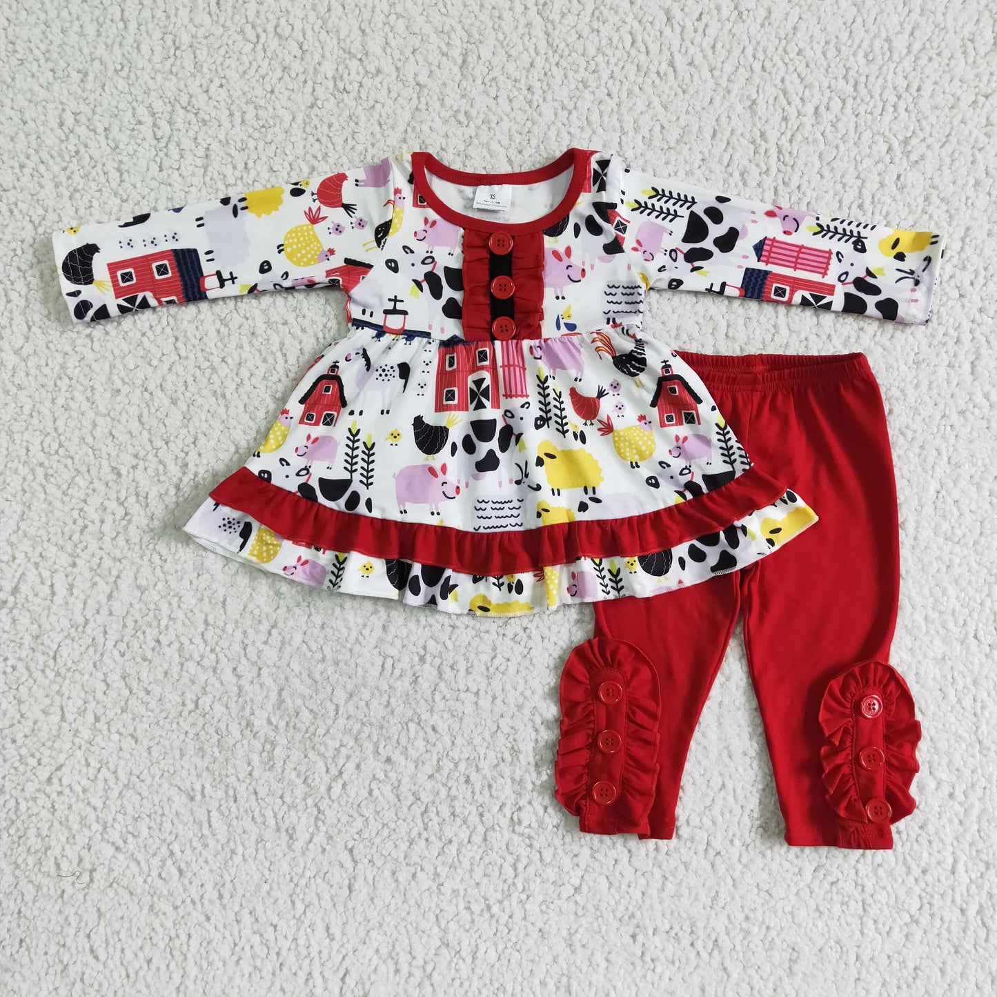 6 A8-17 girl farm long sleeve top and red cotton pants 2pieces set