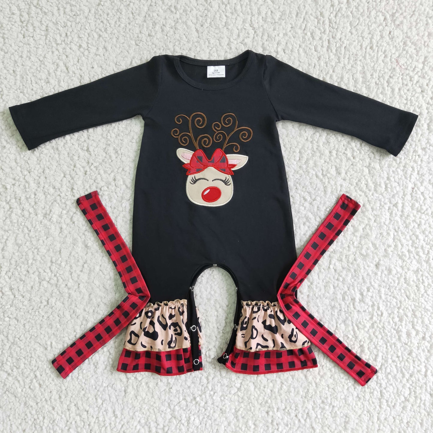 6 B11-9 girl black cotton long sleeve romper christmas deer embroidery jumpsuit with bow