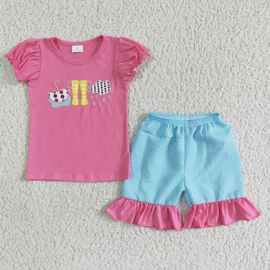GSSO0123 baby girls pink cotton puff sleeve top with umbrella and rain boots embroidery match blue seersucker shorts