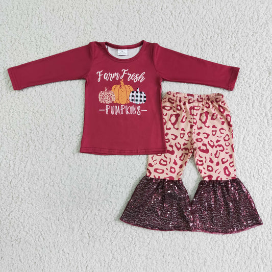 6 A25-14 girl dark red long sleeve shirt with pumpkins pattern and leopard sequin stitching bell pants