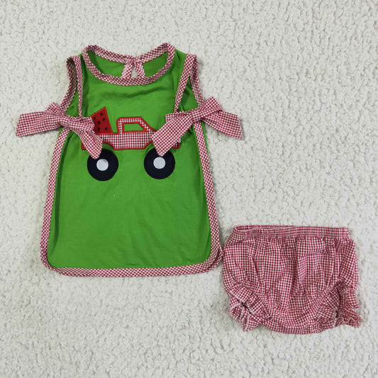 GBO0048 baby girl summer sleeveless cotton top and seersucker bummies set with watermelon embroidery