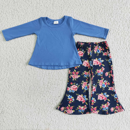 6 A25-3 girl cotton blue long sleeve blouse match flowers pattern pants autumn outfit