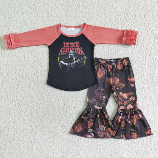 6 A27-1 girl long sleeve raglan shirt and flare pants 2pieces set with icing ruffle design