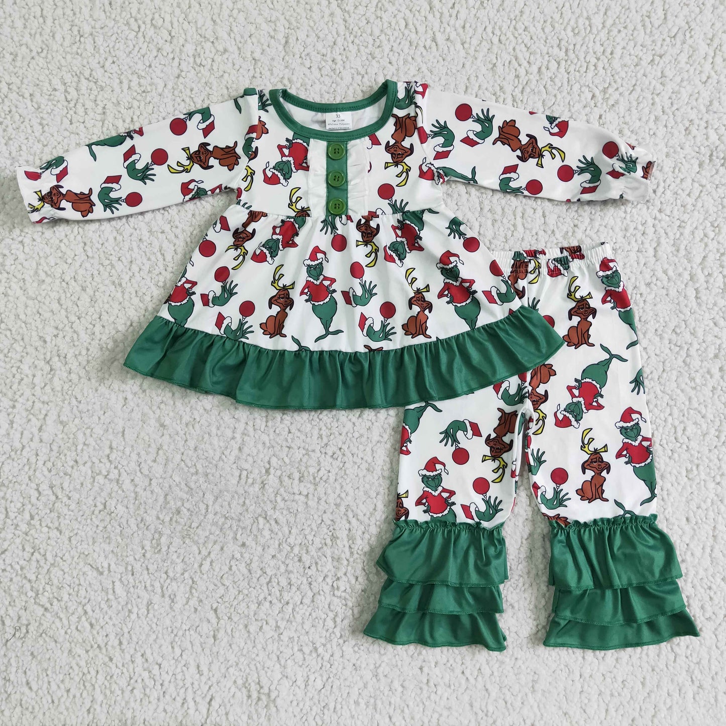 GLP0041 girl winter christmas long sleeve top and ruffles pants set with green buttons