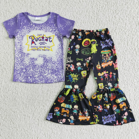 C12-11 girl purple short sleeve shirt black flare pants outfit