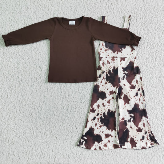 6 B3-25 girl brown long sleeve top match milk cow pattern overall 2pcs spring autumn outfit