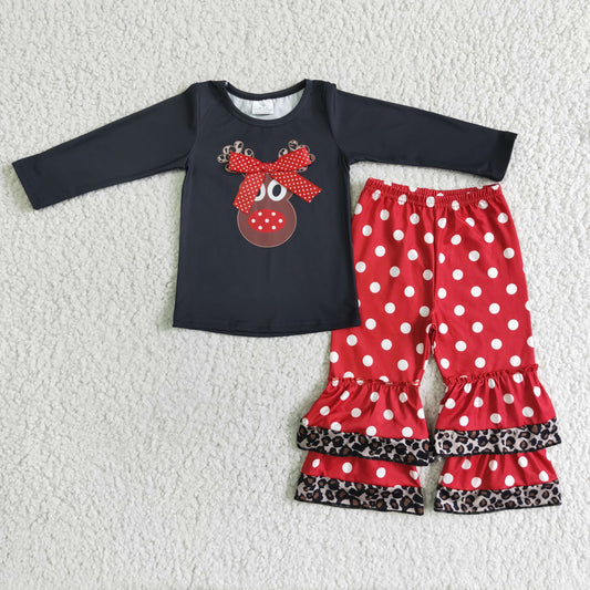 6 A22-26 girl cotton black long sleeve top red ruffles pants with polka dot christmas outfit