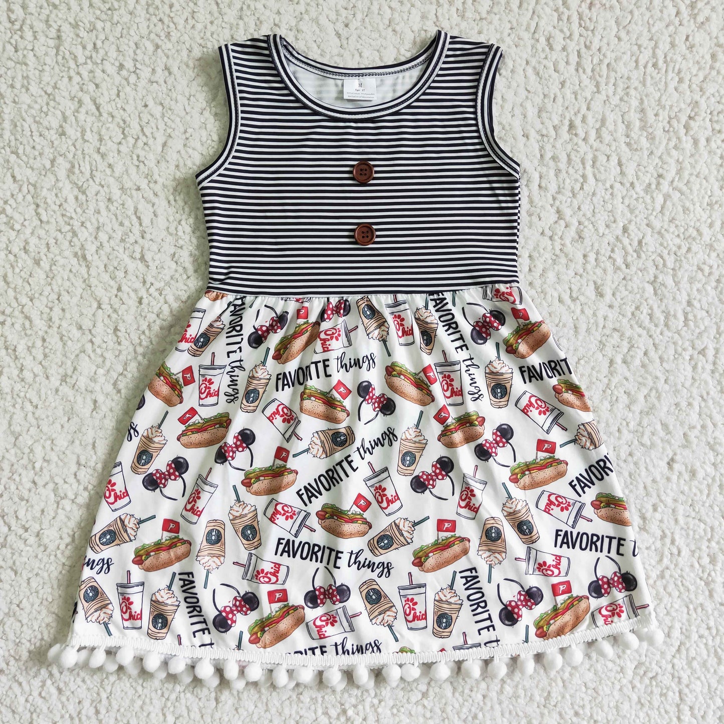 GSD0110 girl sleeveless stripes and hamburger pattern frock summer kids fashion dress with hairball edge