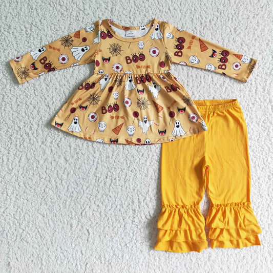 GLP0044 girl halloween long sleeve  tunic and yellow cotton ruffles pants outfit