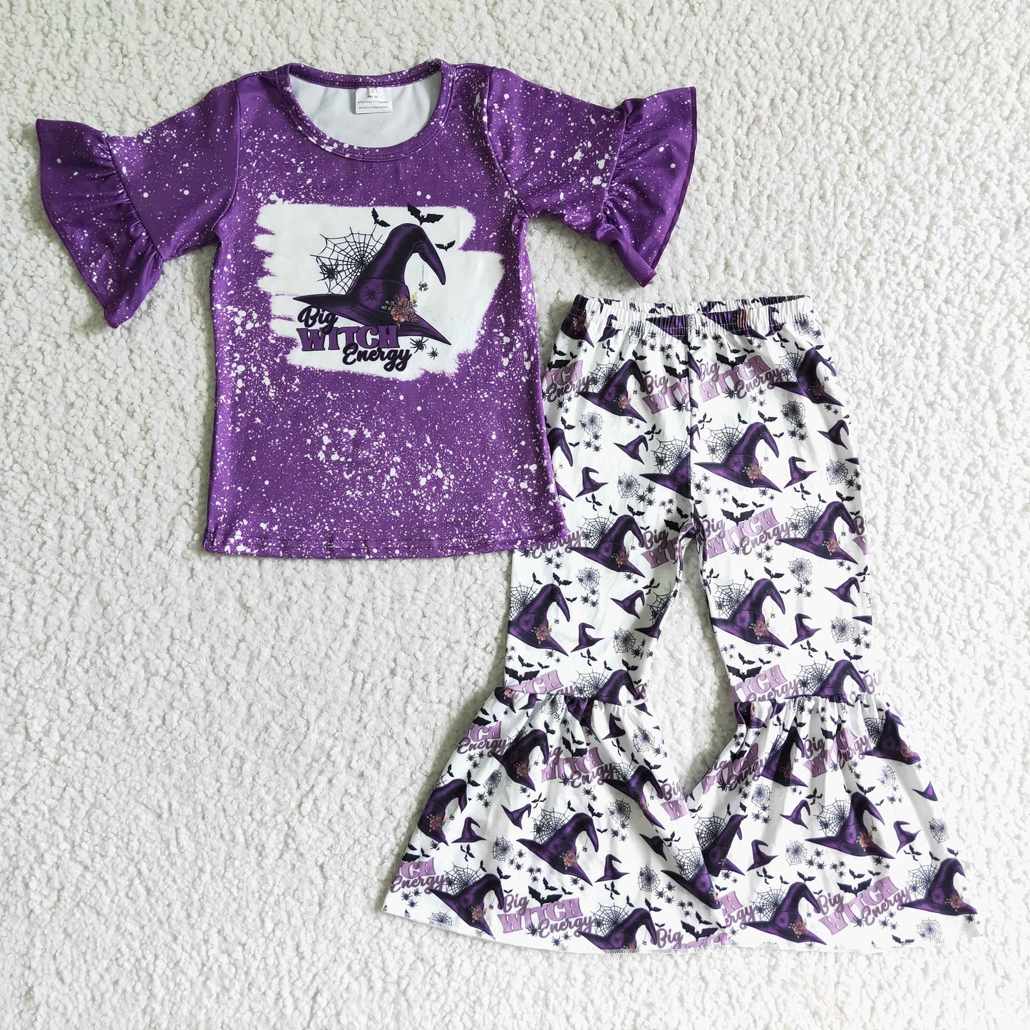 GSPO0094 girl dark purple flare sleeve top and hat pattern bell pants set halloween outfit
