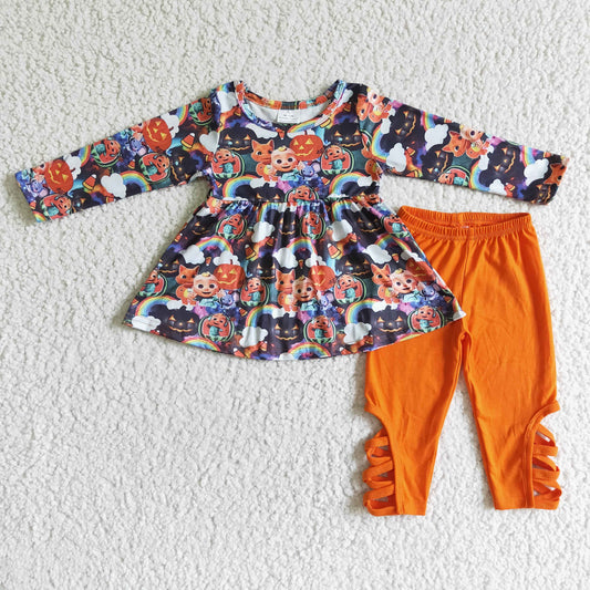 GLP0028 girl winter long sleevepumpkin  tunic  and orange solid color leggings outfit for halloween