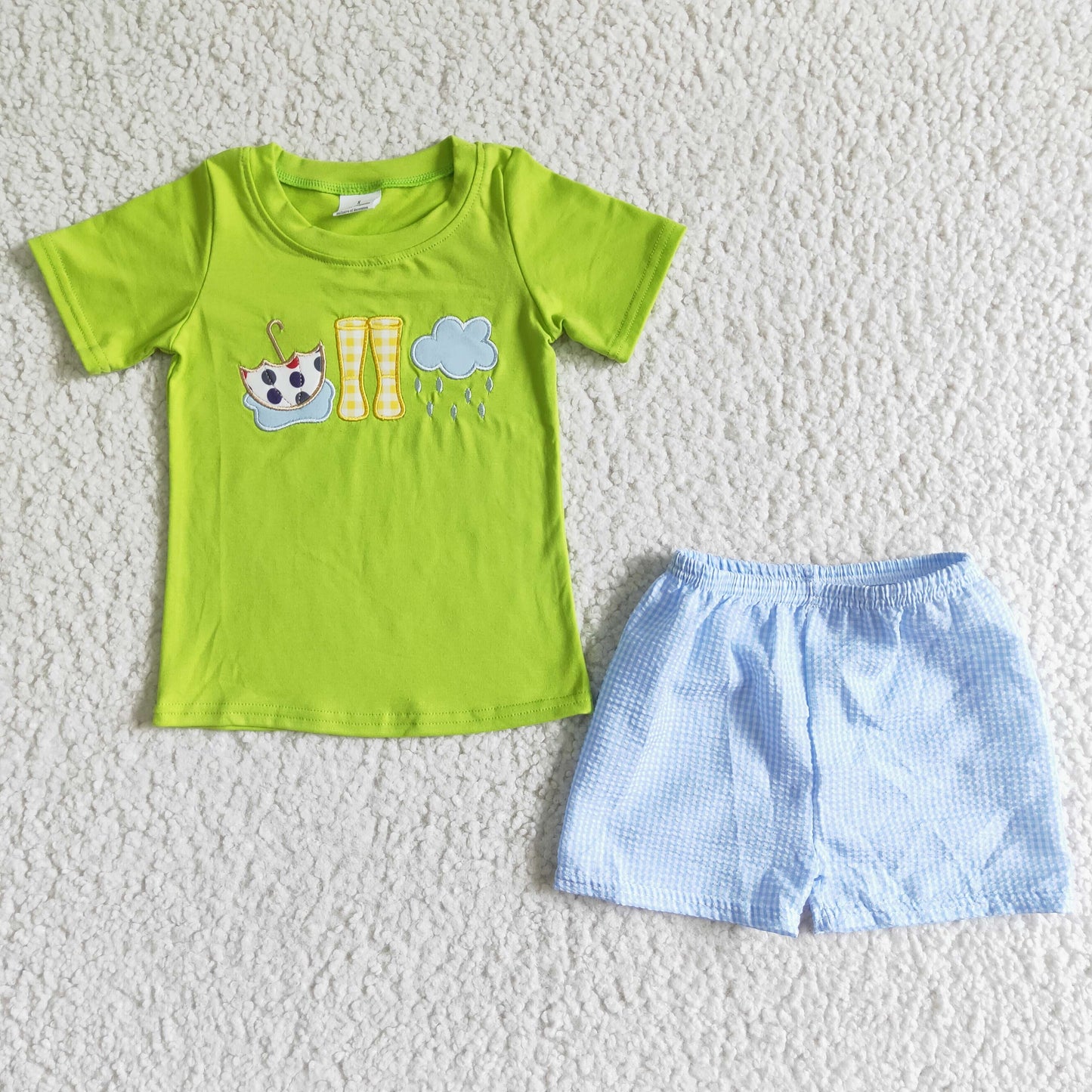 BSSO0082 boy high quality 100% cotton top match blue seersucker shorts kids umbrella embroidery summer outfit