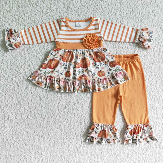 GLP0018 girl pumpkin and stripes long sleeve top match orange pants halloween outfit