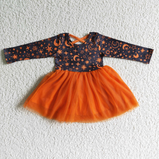 GLD0017 baby girls long sleeve gauze skirt halloween star and moon pattern twirl dress
