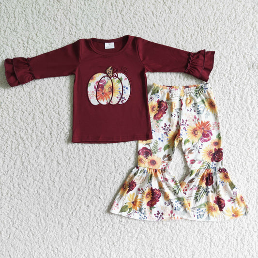GLP0016 girl brown cotton pumpkin embroidery  top and flowers pattern bell pants thanksgiving day long sleeve outfit