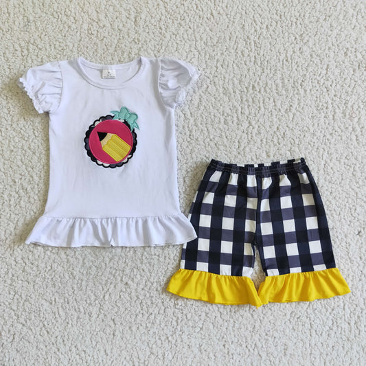 GSSO0102 girl back to school pencil embroidery cotton white top and plaids ruffle shorts set