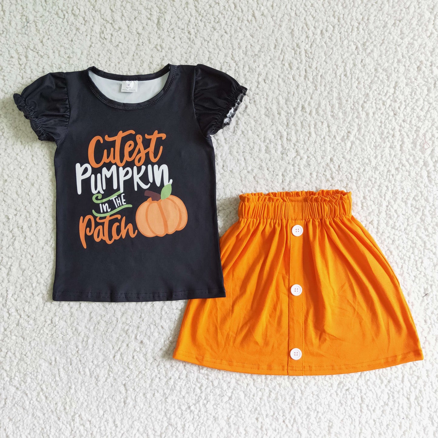 GSD0106 girl black puff sleeve pumpkin top match orange color elastic waist skirt 2pieces set
