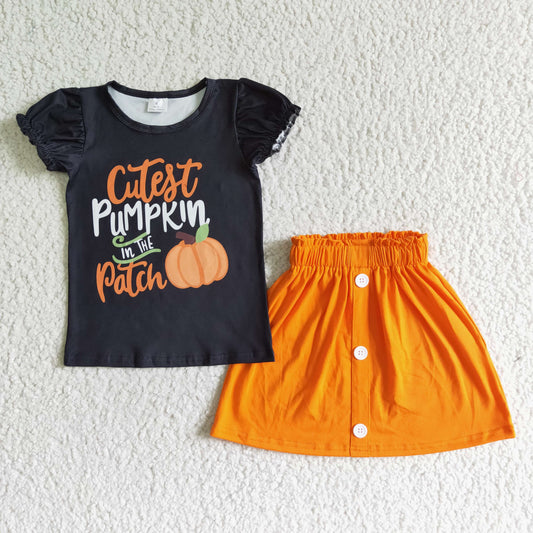 GSD0106 girl black puff sleeve pumpkin top match orange color elastic waist skirt 2pieces set