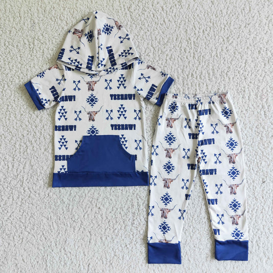 BSPO0006 boy short sleeve hoodie and long pants outfit with cow and arrow pattern