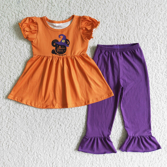 GSPO0117 girl halloween puff sleeve tunic and cotton purple pants outfit
