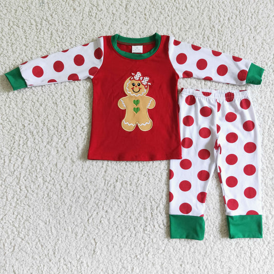 6 A12-20 girl winter long sleeve cotton top red polka dot pants set christmas gingerbread embroidery outfit
