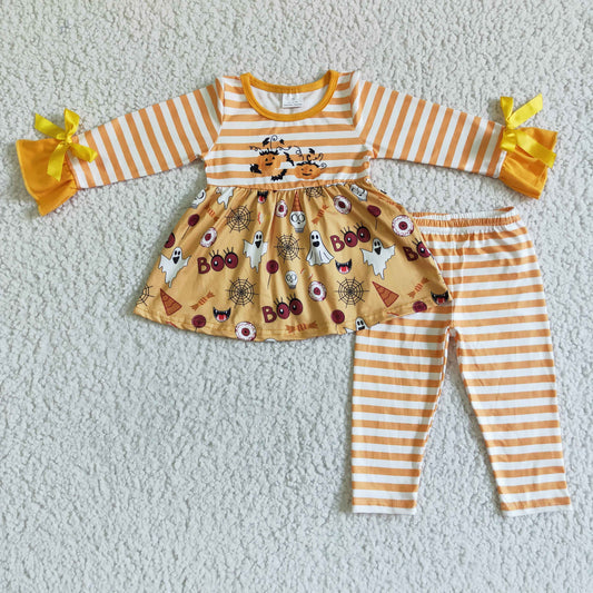 GLP0045 girl long sleeve pumpkin printed top match yellow white stripes pants for halloween
