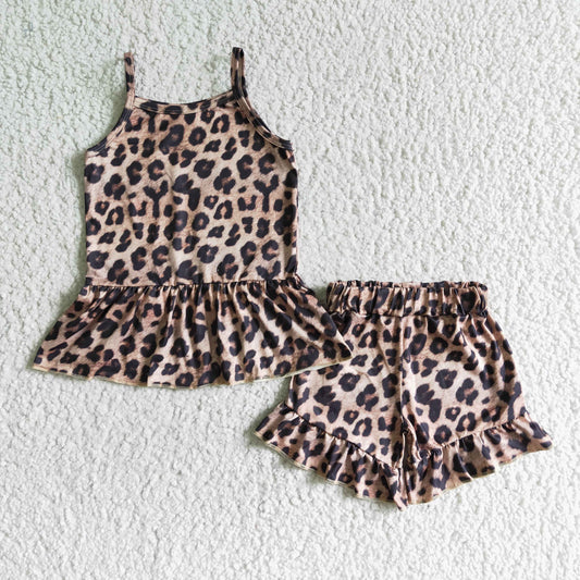 A10-12 girl leopard pattern summer sleeveless top and ruffle shorts set