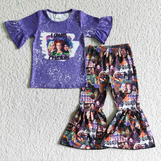 GSPO0105 halloween girl purple short sleeve top and bell bottom 2pieces set