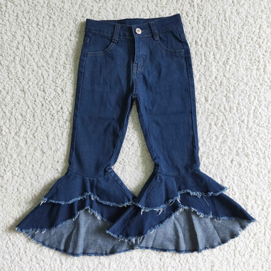 P0007 girl high quality dark blue denim bell pants kids fashion style jeans with pockets