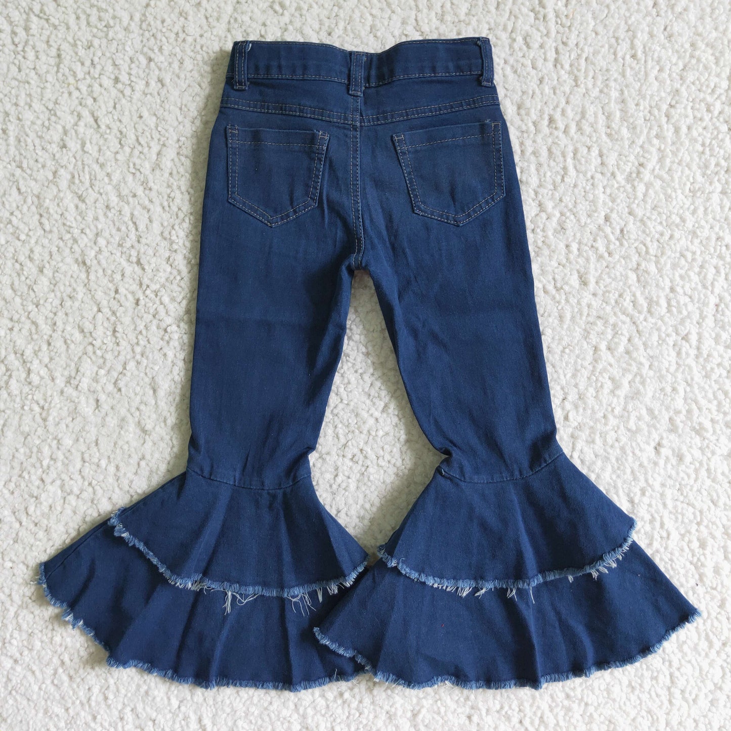 P0007 girl high quality dark blue denim bell pants kids fashion style jeans with pockets