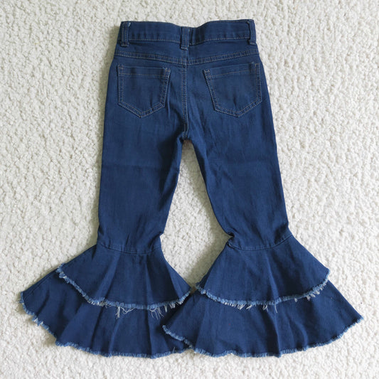 P0007 girl high quality dark blue denim bell pants kids fashion style jeans with pockets