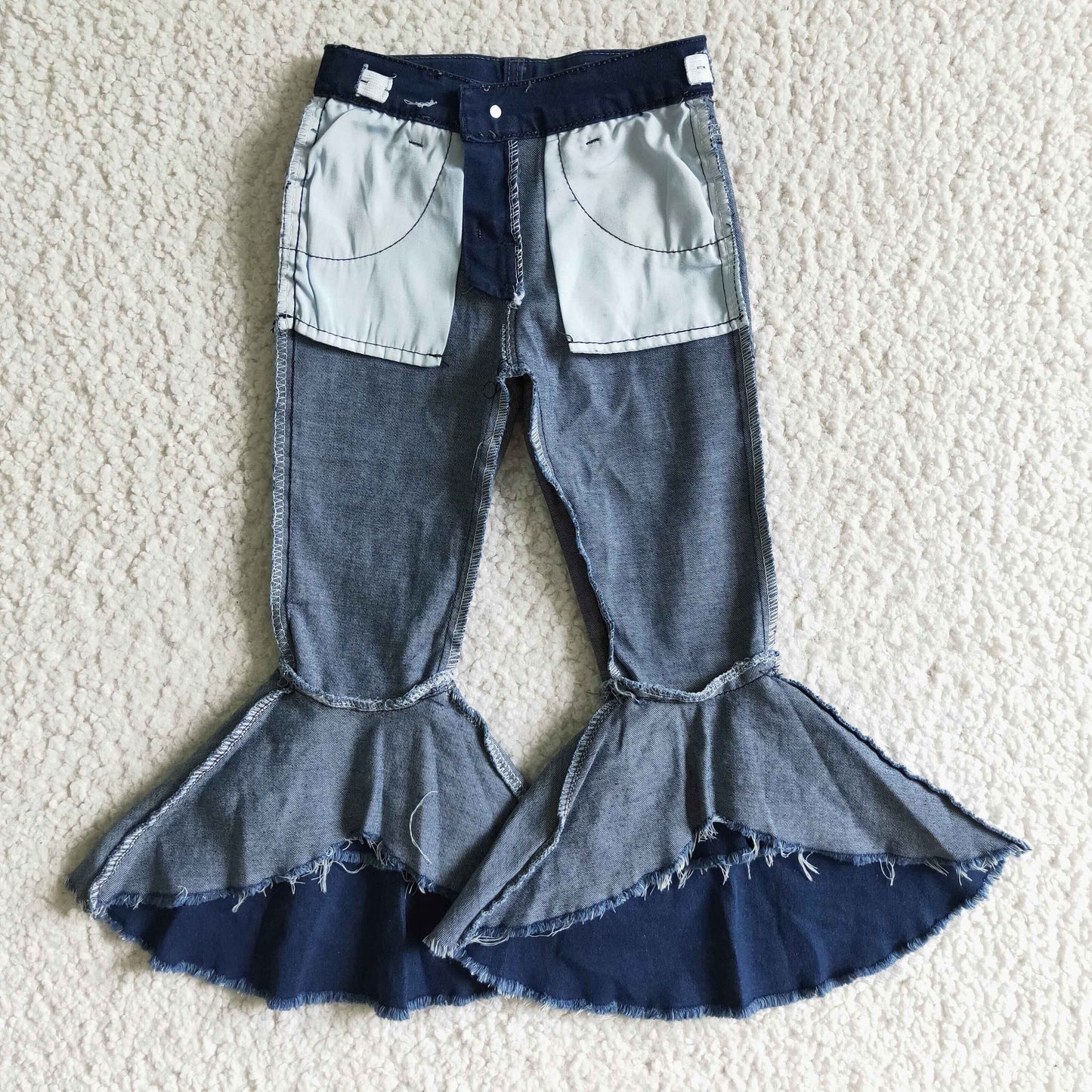 P0007 girl high quality dark blue denim bell pants kids fashion style jeans with pockets