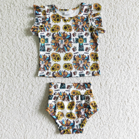 GBO0047 infants baby girls sunflowers and cow pattern top and bummies set