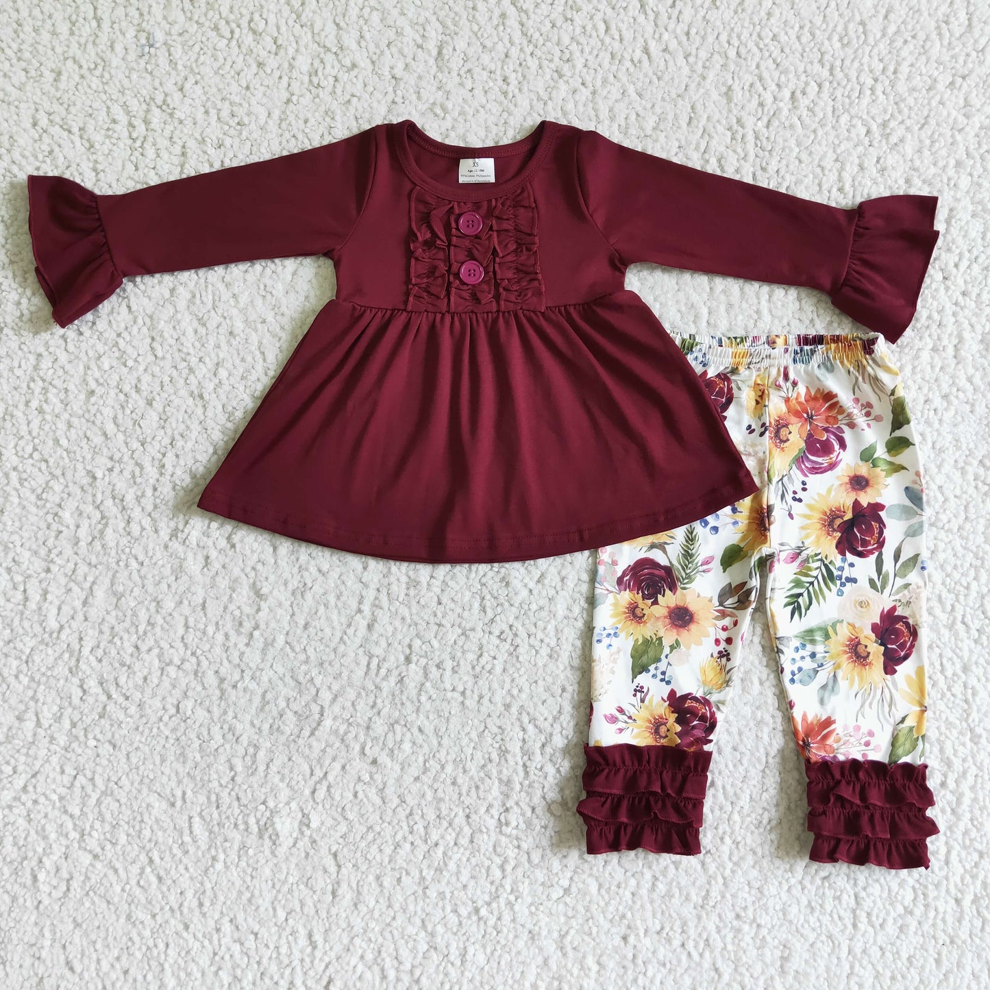 GLP0015 autumn girl dark red long sleeve tunic match flowers pattern ruffles pants 2pieces set