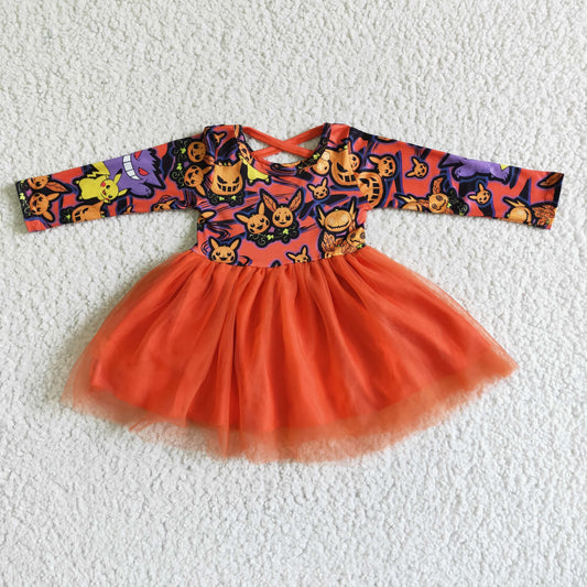 GLD0010 girl halloween long sleeve stitching mesh frock kids pumpkin twirl dress