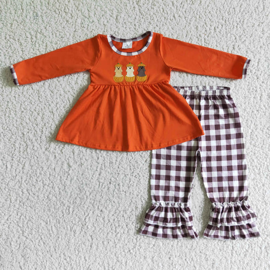 GLP0026 halloween pumpkin embroidery long sleeve top and plaids ruffles pants outfit for girls