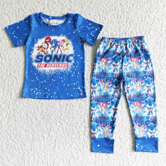 BSPO0015 new arrival boy blue short sleeve top and pants 2pieces set