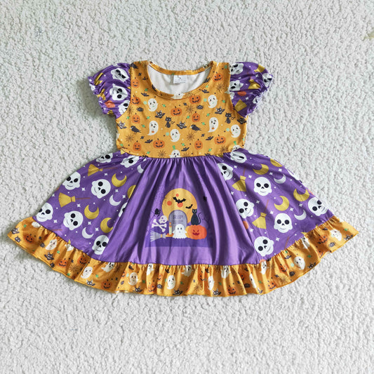 GSD0125 girl halloween short puff sleeve twirl dress with pumpkin and ghost pattern