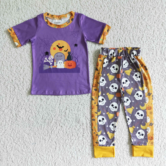 BSPO0018 new arrival halloween boy outfit with purple short sleeve top and ghost pattern pants