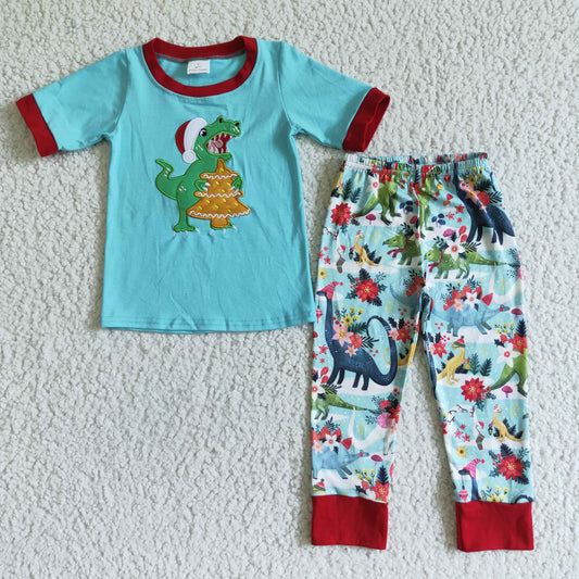 BSPO0008 boy ready to ship christmas outfit with embroidery dinosaur shirt and pants